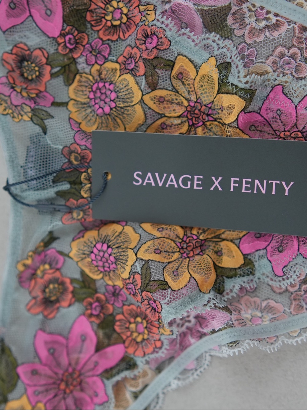 Savage X Fenty Floral Lace Underwire Bra & Thong Set in Mint with Pink & Yellow - Picture 3 of 7